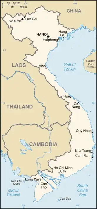 Vietnam Map graphic showing major cities and names of neighboring countries
