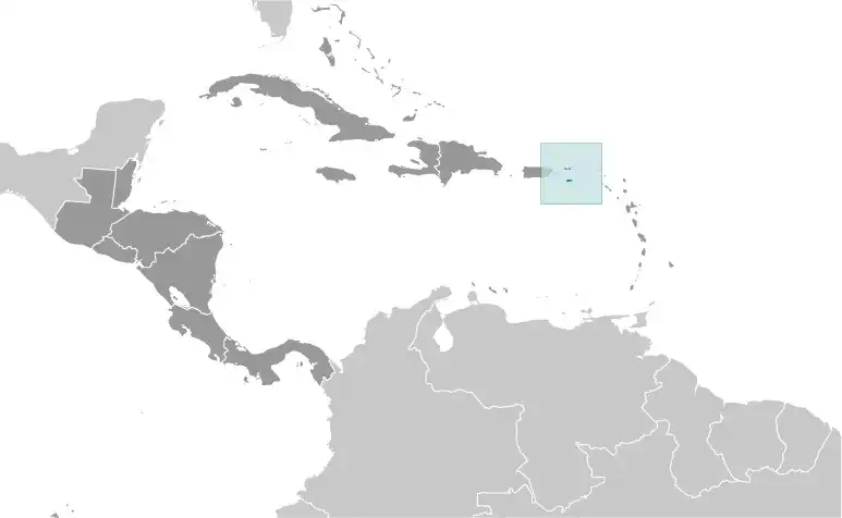 Locator Map of Virgin Islands showing the country on the continent in color