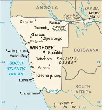 Namibia Map graphic showing major cities and names of neighboring countries