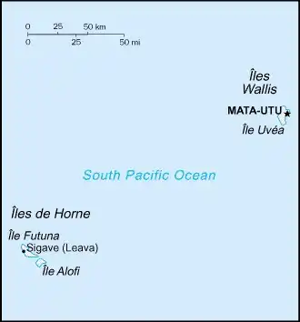 Wallis and Futuna Map graphic showing major cities and names of neighboring countries