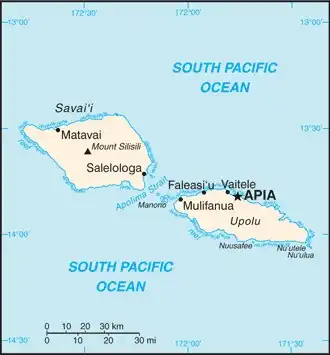 Samoa Map graphic showing major cities and names of neighboring countries