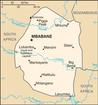 Eswatini Map graphic showing major cities and names of neighboring countries