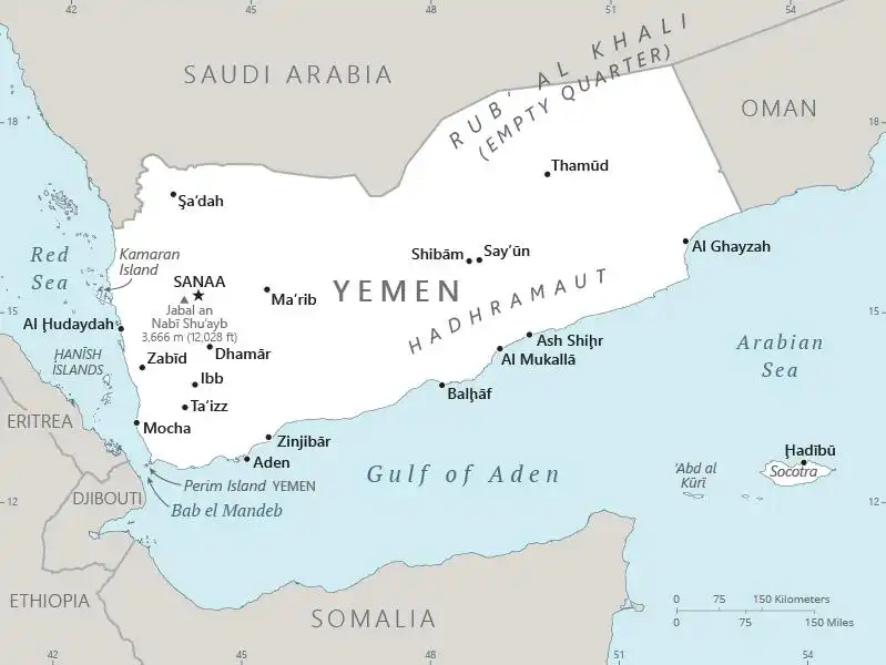 Yemen Map graphic showing major cities and names of neighboring countries