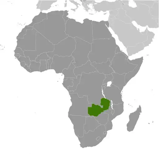 Locator Map of Zambia showing the country on the continent in color