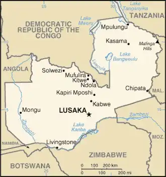 Zambia Map graphic showing major cities and names of neighboring countries