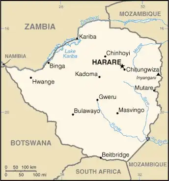 Zimbabwe Map graphic showing major cities and names of neighboring countries
